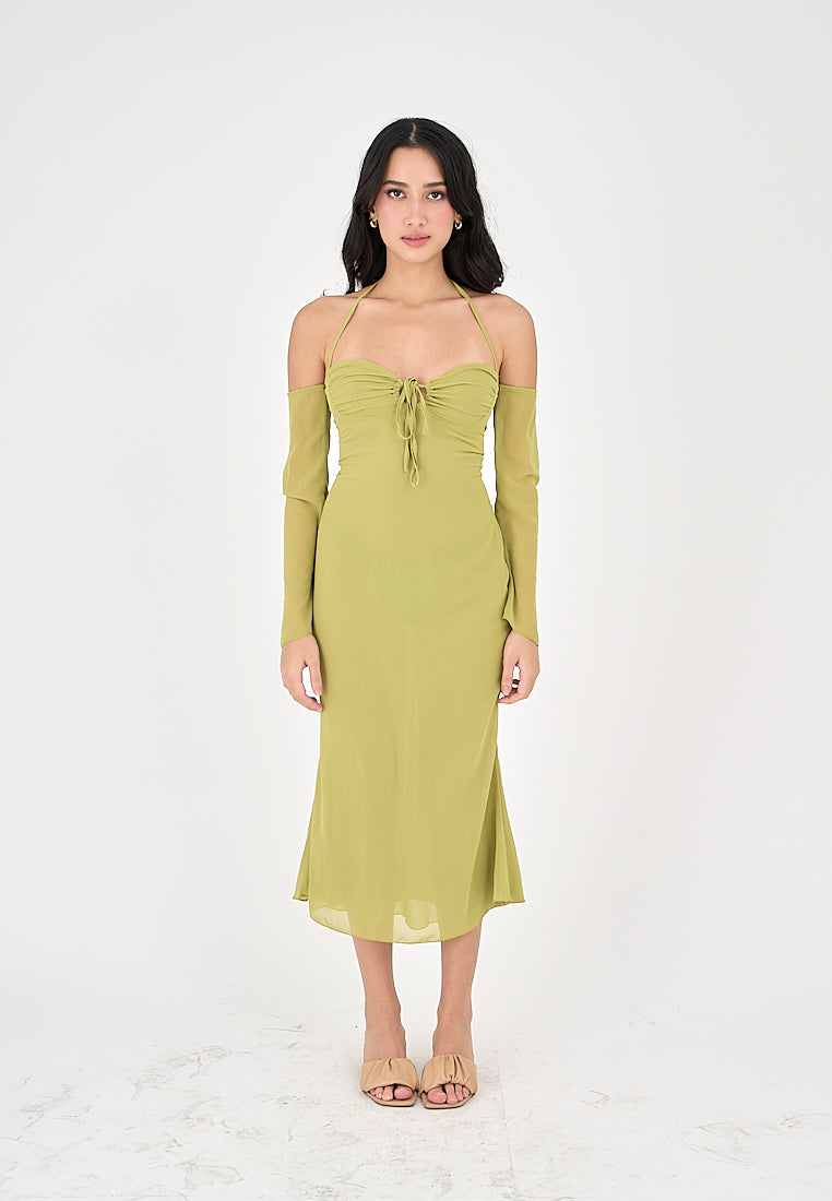 Sanya Green Thin Neck Strap Off Shoulder Long Sleeves Midi Dress