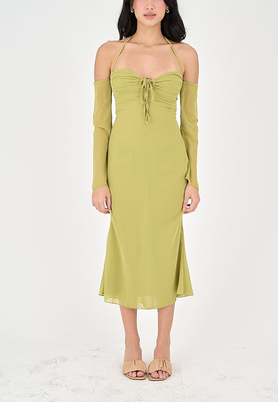 Sanya Green Thin Neck Strap Off Shoulder Long Sleeves Midi Dress