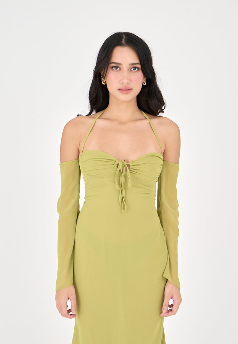 Sanya Green Thin Neck Strap Off Shoulder Long Sleeves Midi Dress