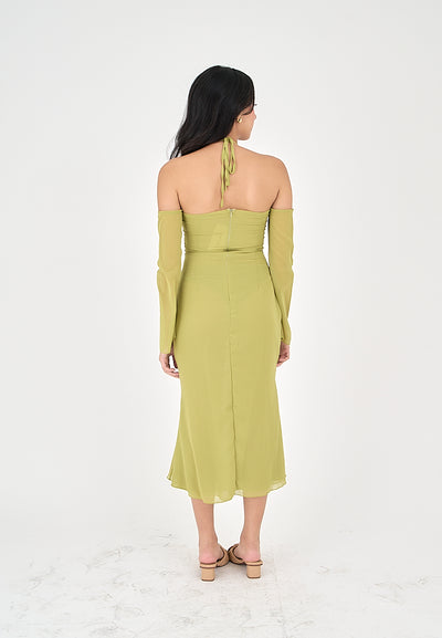 Sanya Green Thin Neck Strap Off Shoulder Long Sleeves Midi Dress