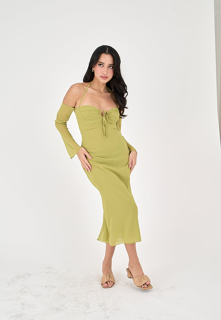 Sanya Green Thin Neck Strap Off Shoulder Long Sleeves Midi Dress