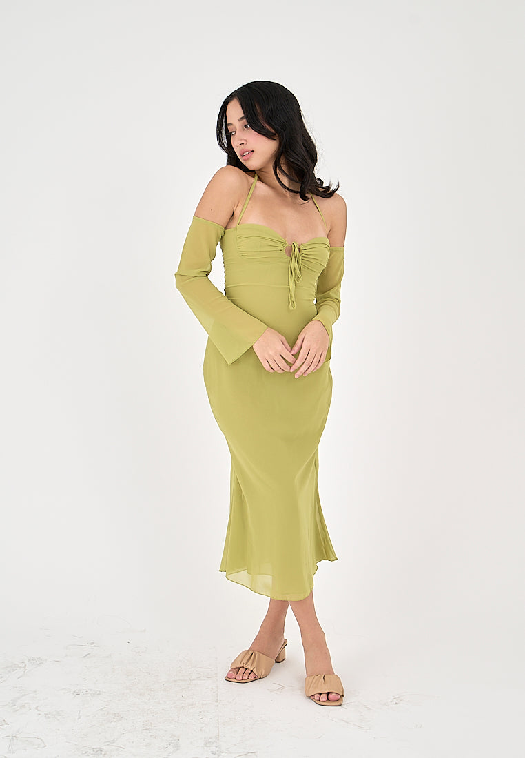 Sanya Green Thin Neck Strap Off Shoulder Long Sleeves Midi Dress