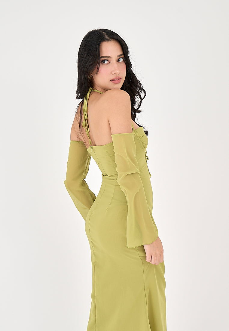 Sanya Green Thin Neck Strap Off Shoulder Long Sleeves Midi Dress