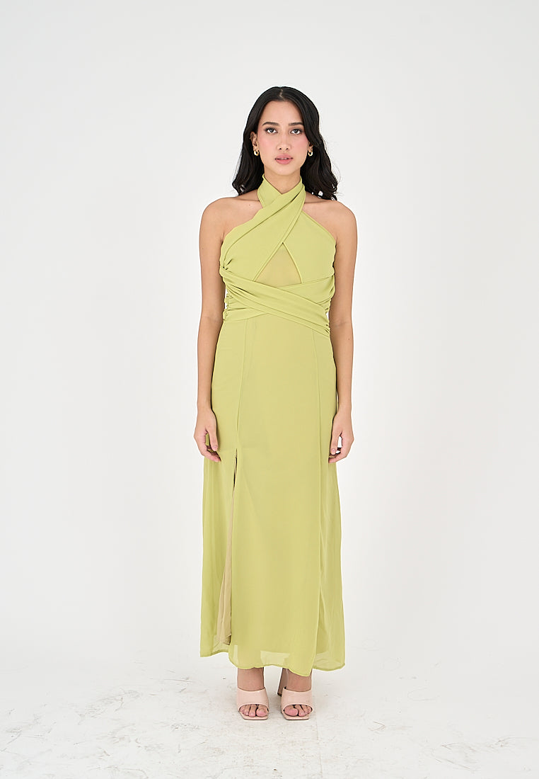 Schuyler Green Halter Strap Open Back Side Slit Sleeveless Midi Dress