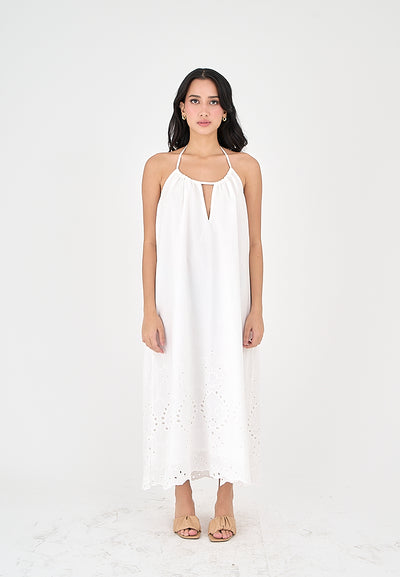 Leoria White Eyelet Halter Self Tie Strap Sexy Back Midi Dress