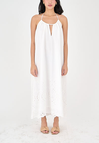 Leoria White Eyelet Halter Self Tie Strap Sexy Back Midi Dress