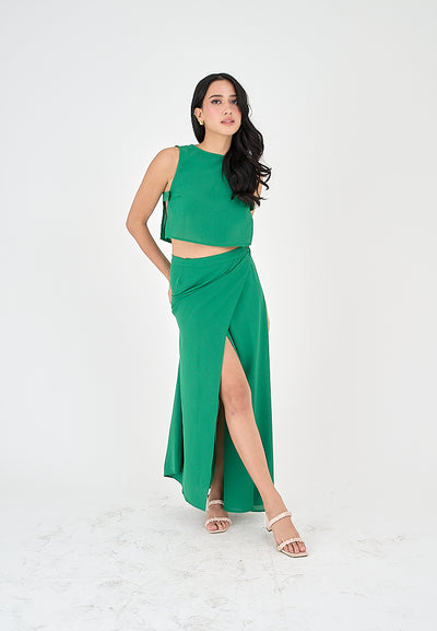 Jebiel Green Sleeveless Crop Top and Overlap Maxi Skirt Set