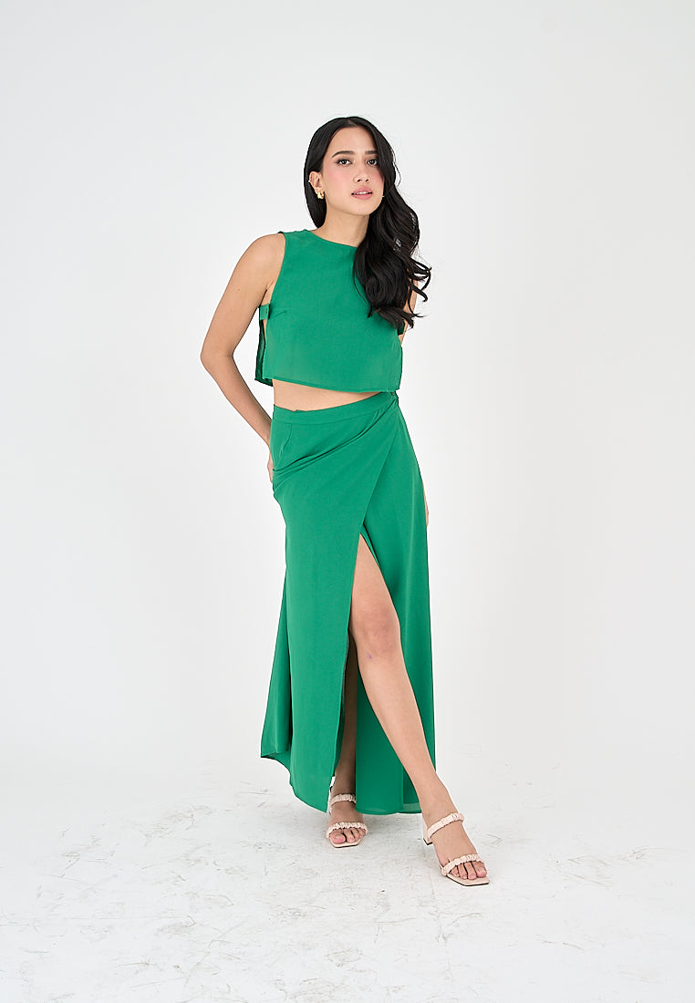 Jebiel Green Sleeveless Crop Top and Overlap Maxi Skirt Set
