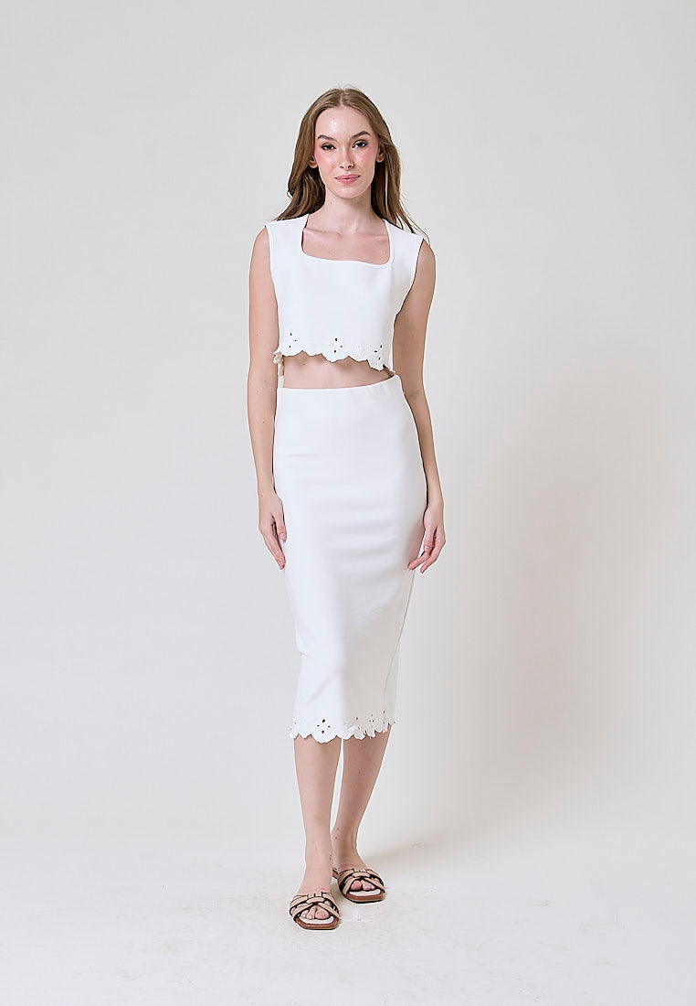 Nicole White Embroidered  High Waist Knit Midi Skirt