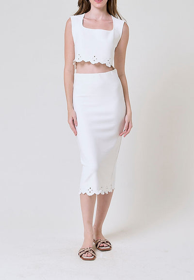 Nicole White Embroidered  High Waist Knit Midi Skirt