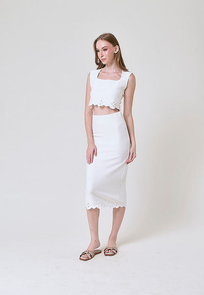 Nicole White Embroidered  High Waist Knit Midi Skirt