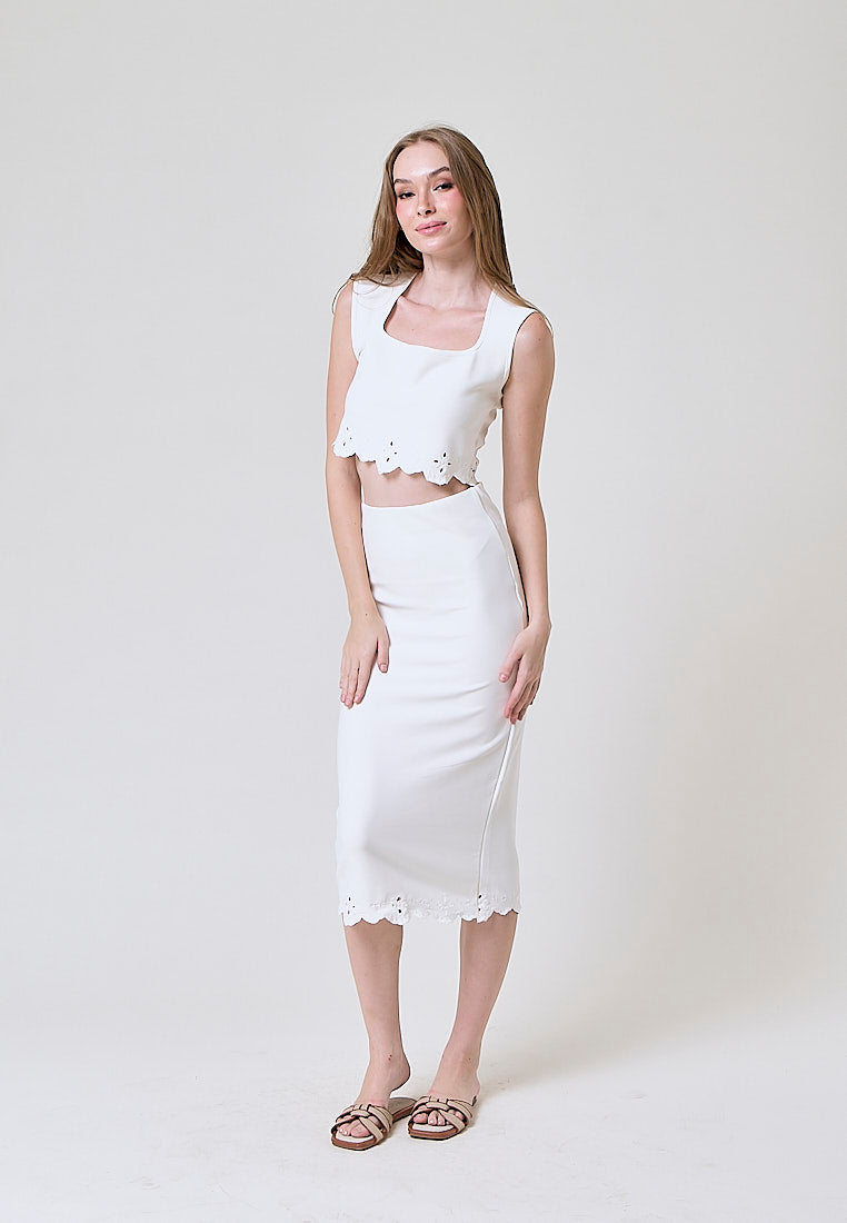 Nicole White Embroidered  High Waist Knit Midi Skirt