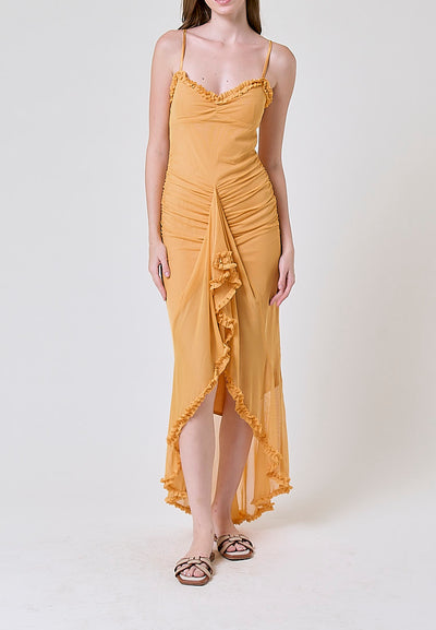 Azurra Yellow Nibber Ruffles Tassel Lace-Neck Sweet Slits Maxi Dress