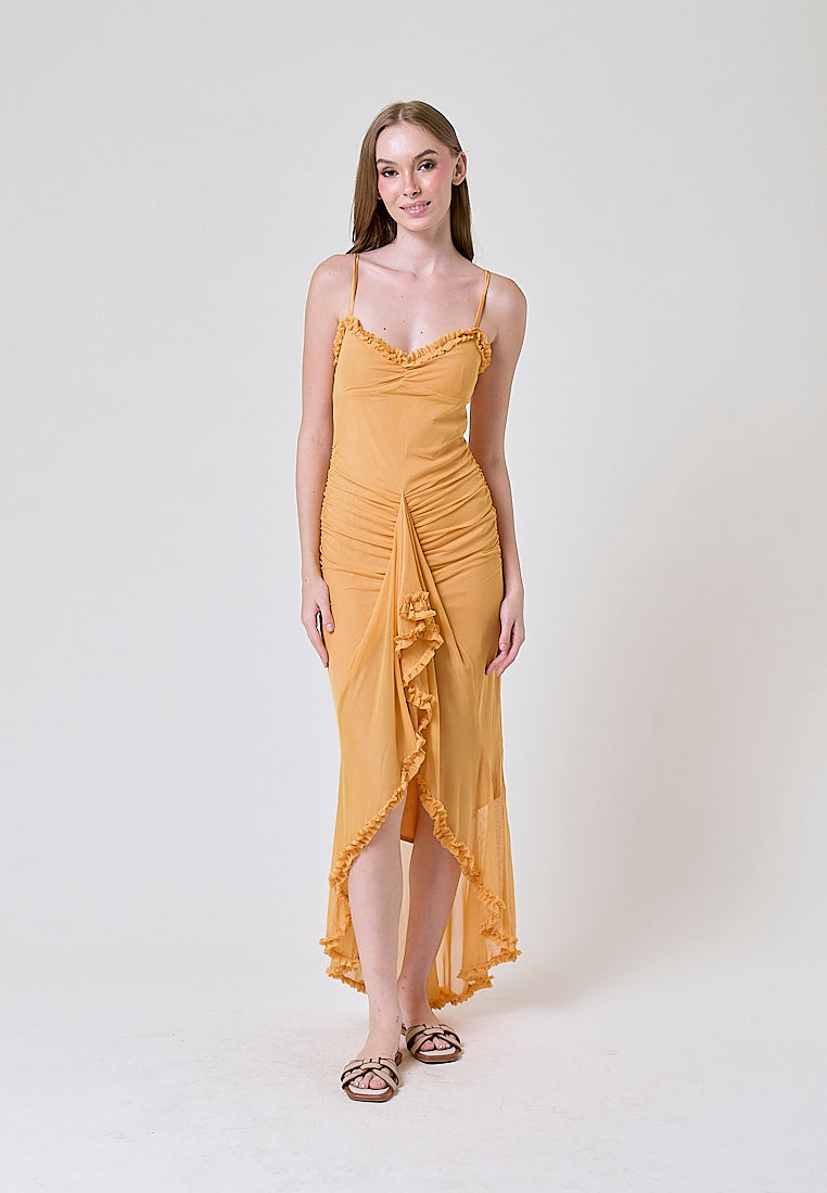 Azurra Yellow Nibber Ruffles Tassel Lace-Neck Sweet Slits Maxi Dress