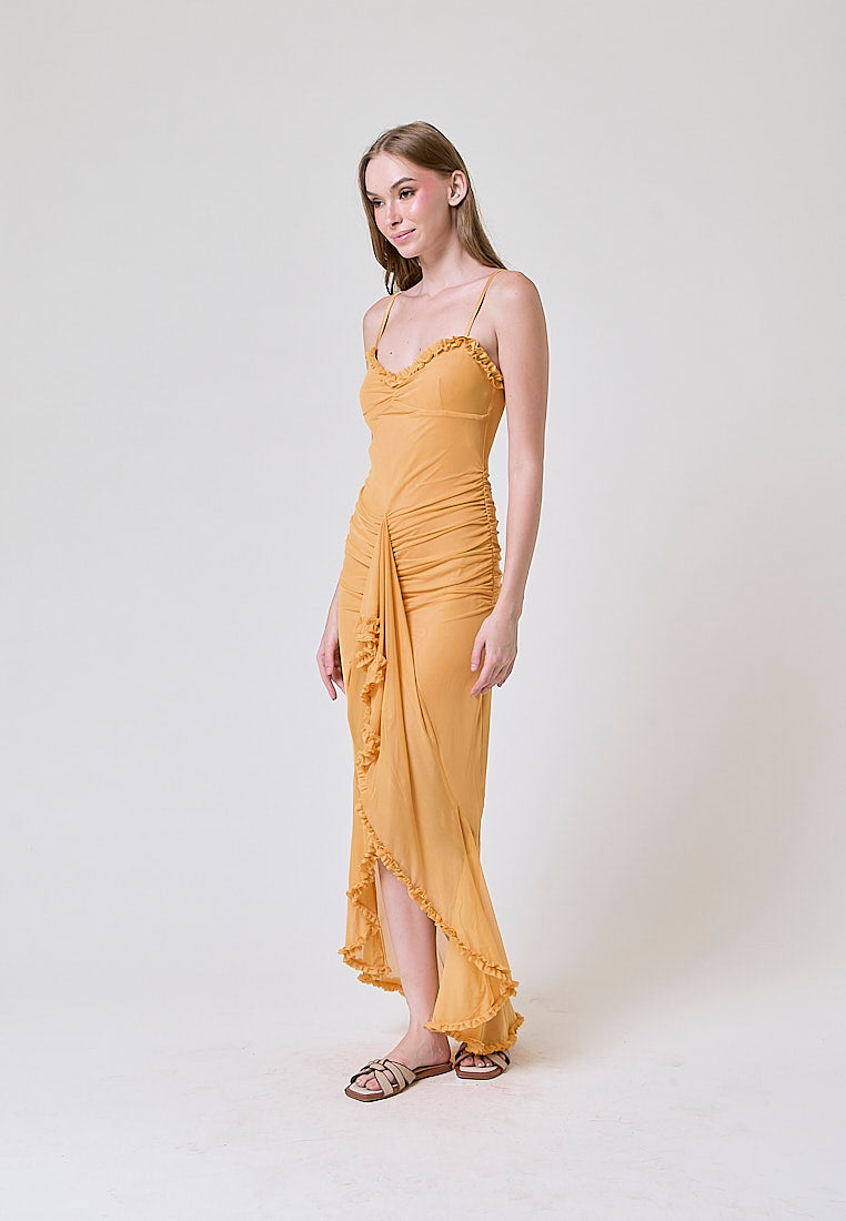 Azurra Yellow Nibber Ruffles Tassel Lace-Neck Sweet Slits Maxi Dress