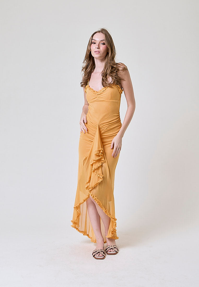 Azurra Yellow Nibber Ruffles Tassel Lace-Neck Sweet Slits Maxi Dress