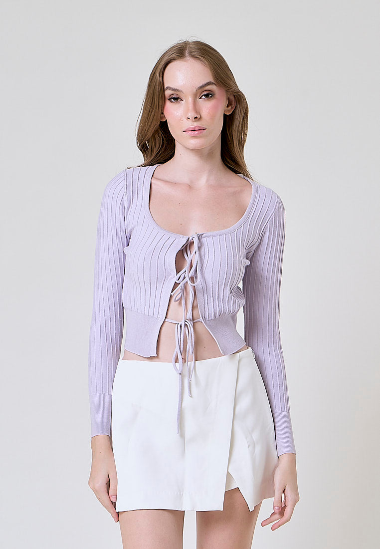 Kannika Lilac Knitted Square Neck Front Self Tie Long Sleeves Cardigan