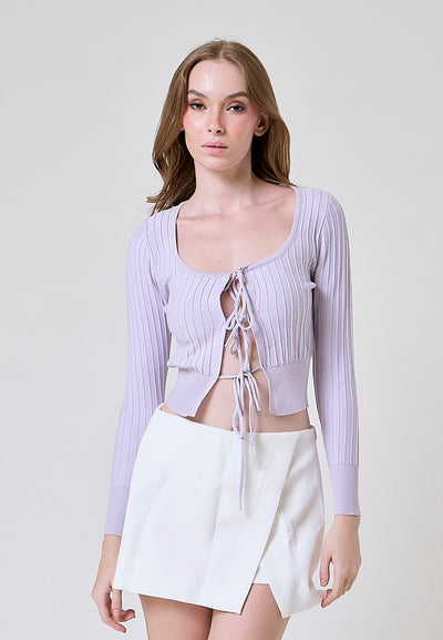 Kannika Lilac Knitted Square Neck Front Self Tie Long Sleeves Cardigan