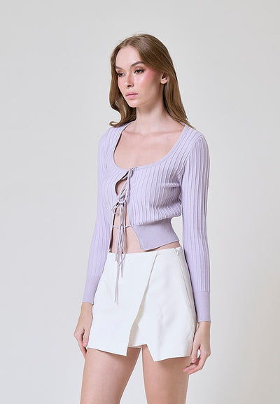 Kannika Lilac Knitted Square Neck Front Self Tie Long Sleeves Cardigan