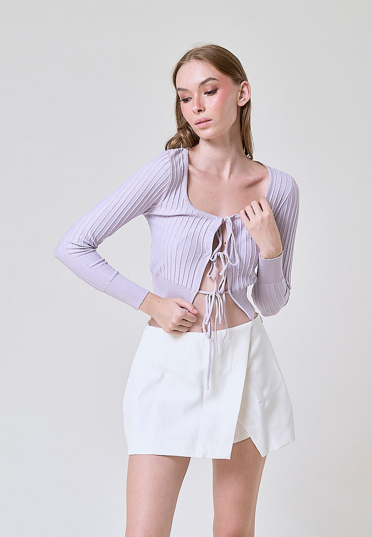 Kannika Lilac Knitted Square Neck Front Self Tie Long Sleeves Cardigan