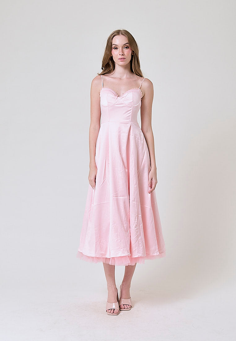 Viola Pastel Pink Bustier Flowy A Line Midi Dress