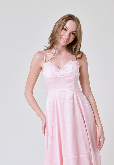 Viola Pastel Pink Bustier Flowy A Line Midi Dress