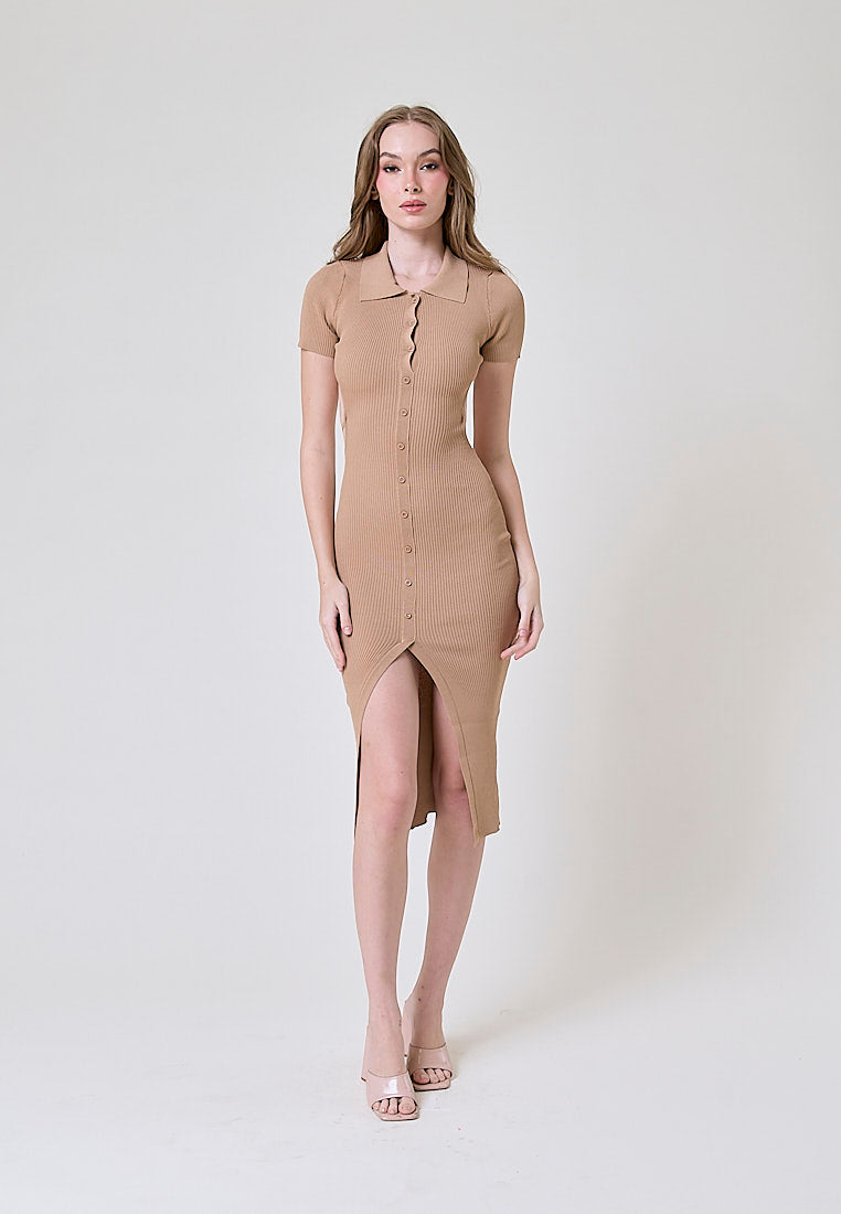 Doralee Brown Knitted Collar Short Sleeves Buttondown Open Back Bodycon Midi Dress