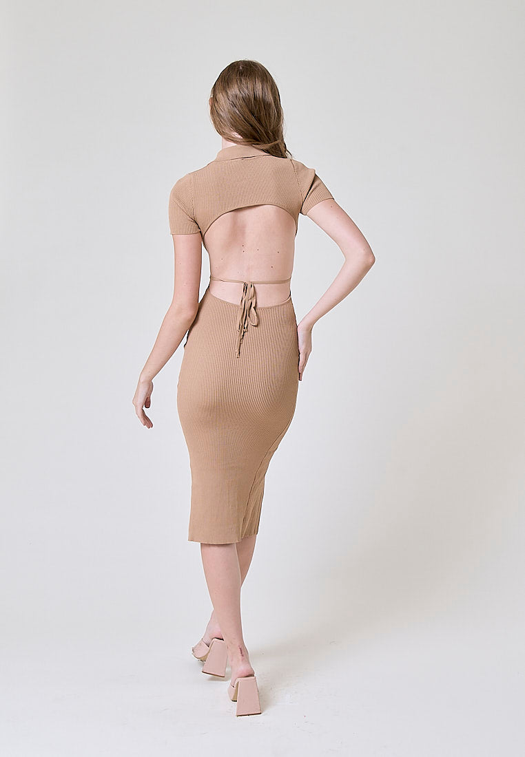 Doralee Brown Knitted Collar Short Sleeves Buttondown Open Back Bodycon Midi Dress