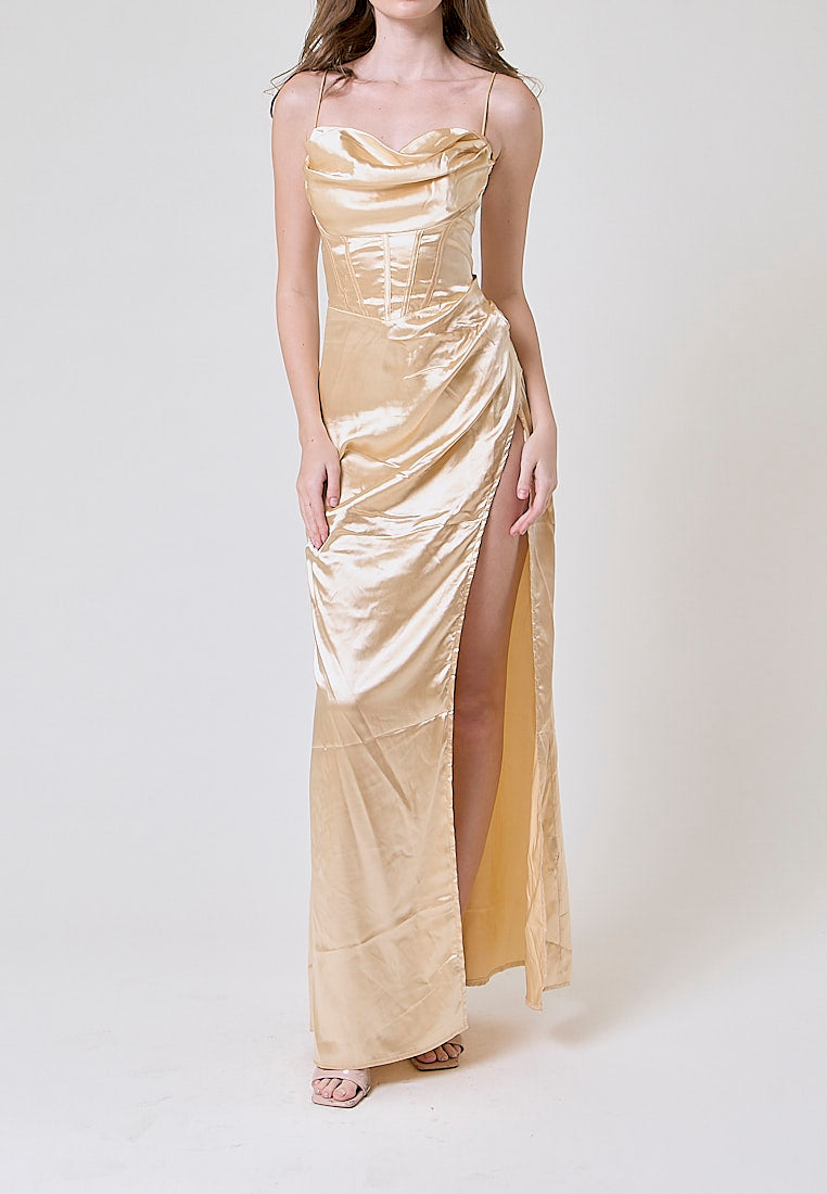 Rosie Cream Satin Corset Cowl Neckline with High Slit Maxi Dress