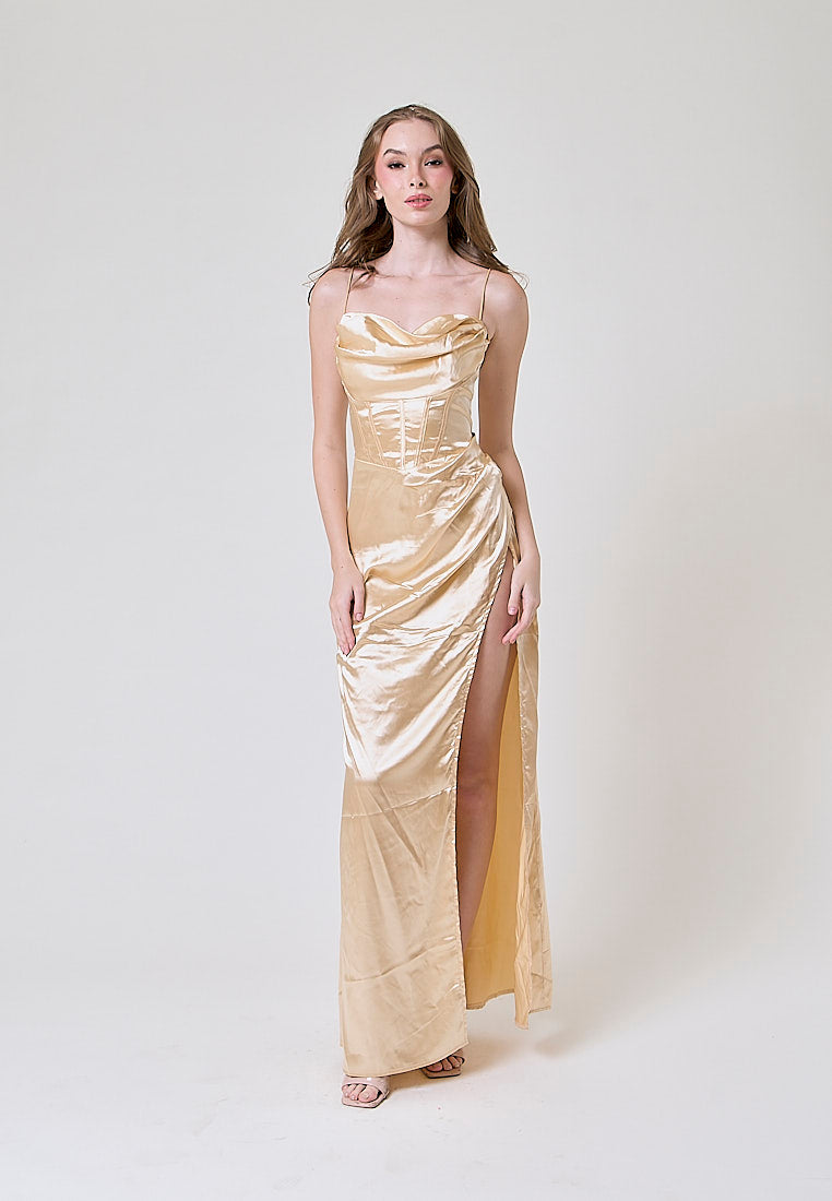 Rosie Cream Satin Corset Cowl Neckline with High Slit Maxi Dress