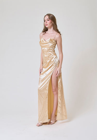 Rosie Cream Satin Corset Cowl Neckline with High Slit Maxi Dress