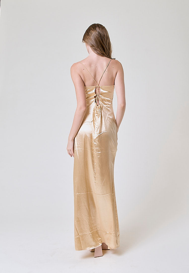 Rosie Cream Satin Corset Cowl Neckline with High Slit Maxi Dress