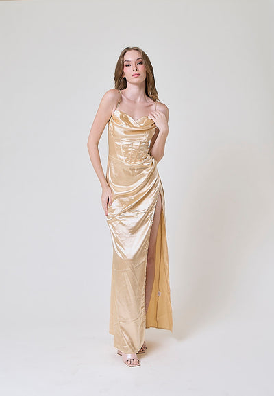 Rosie Cream Satin Corset Cowl Neckline with High Slit Maxi Dress