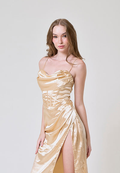 Rosie Cream Satin Corset Cowl Neckline with High Slit Maxi Dress