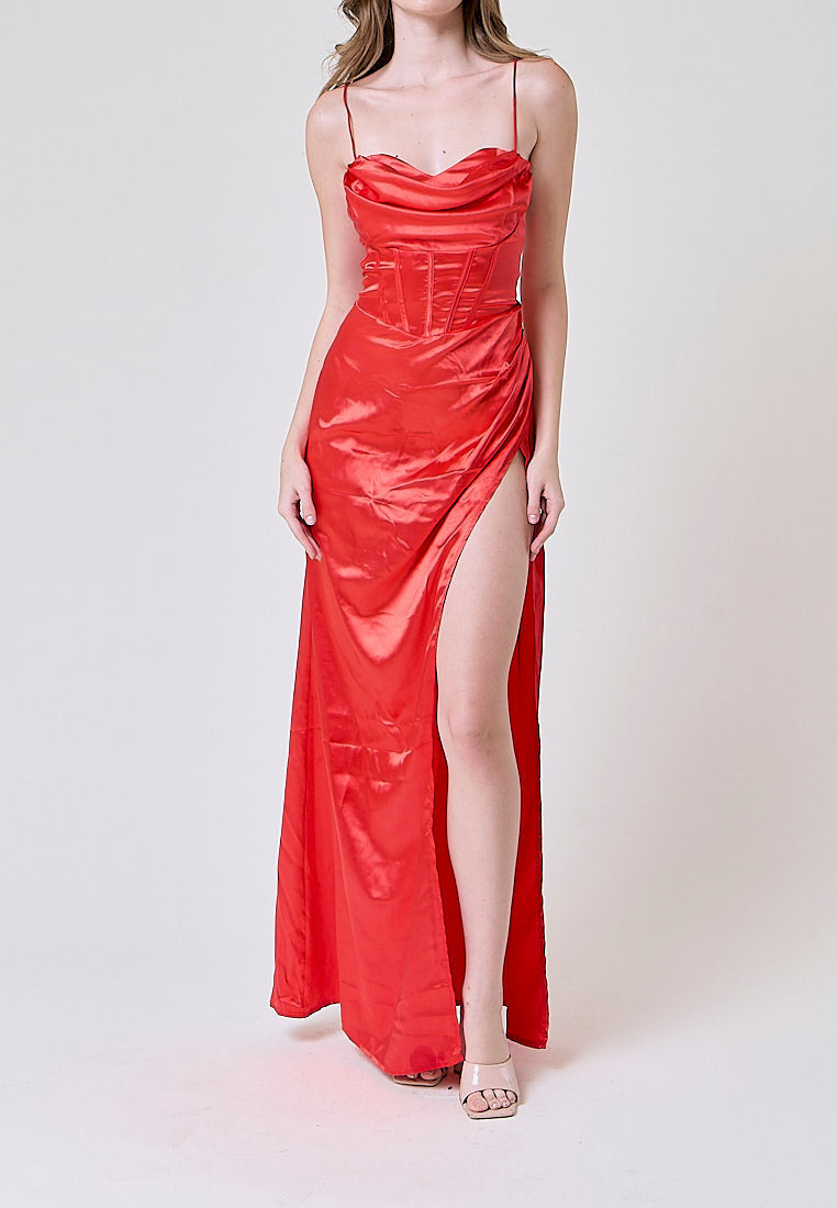 Rosie Red Satin Corset Cowl Neckline with High Slit Maxi Dress