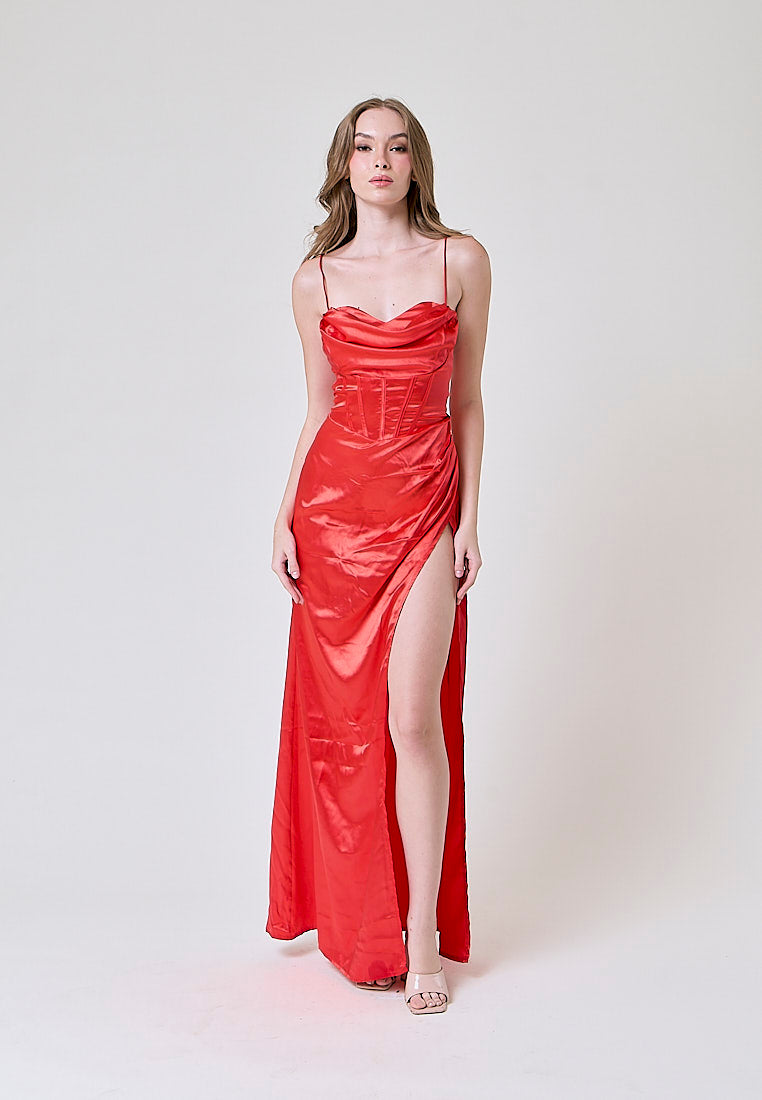 Rosie Red Satin Corset Cowl Neckline with High Slit Maxi Dress