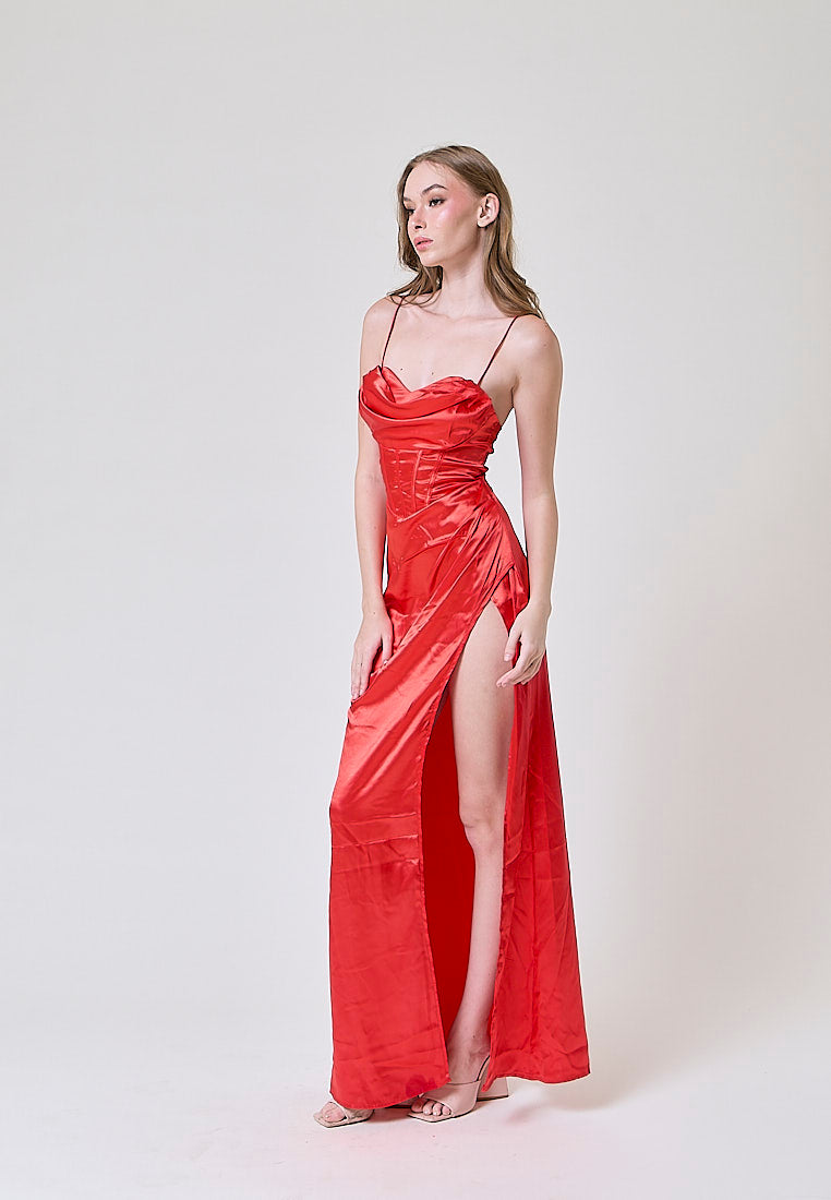 Rosie Red Satin Corset Cowl Neckline with High Slit Maxi Dress