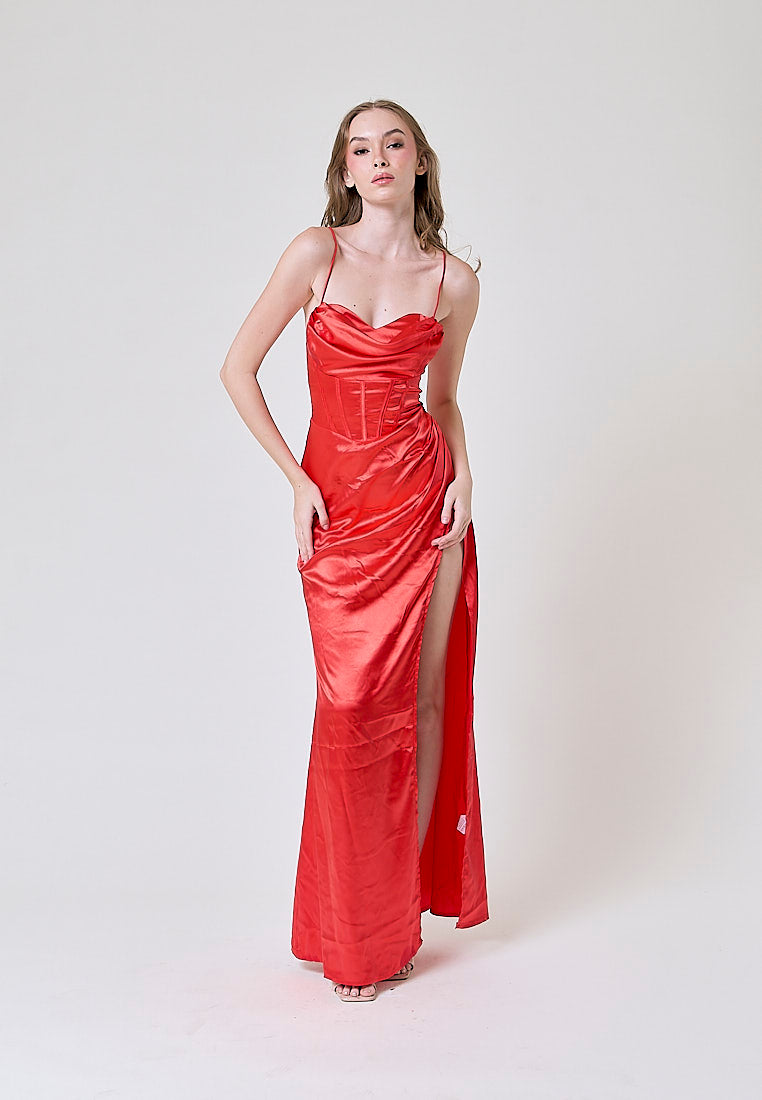 Rosie Red Satin Corset Cowl Neckline with High Slit Maxi Dress