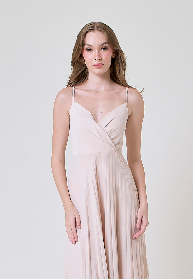 Piper Beige V Neckline Pleated Sleeveless Midi Dress