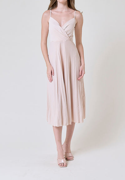 Piper Beige V Neckline Pleated Sleeveless Midi Dress