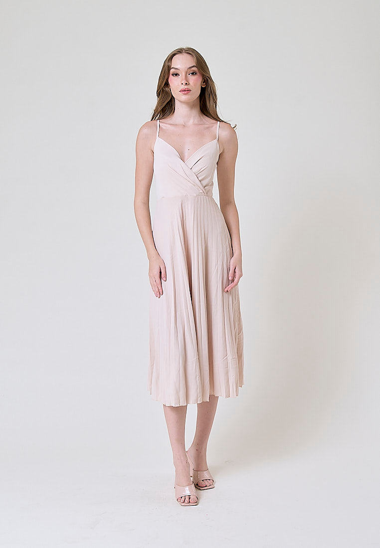 Piper Beige V Neckline Pleated Sleeveless Midi Dress