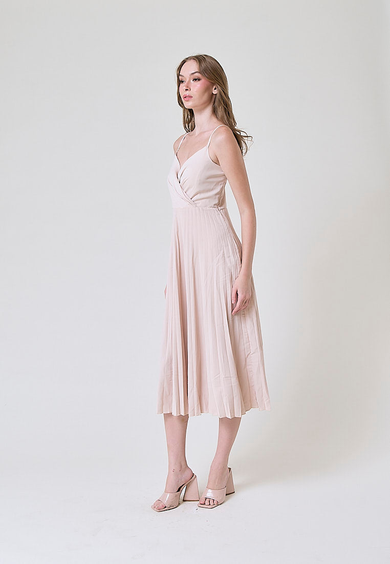 Piper Beige V Neckline Pleated Sleeveless Midi Dress