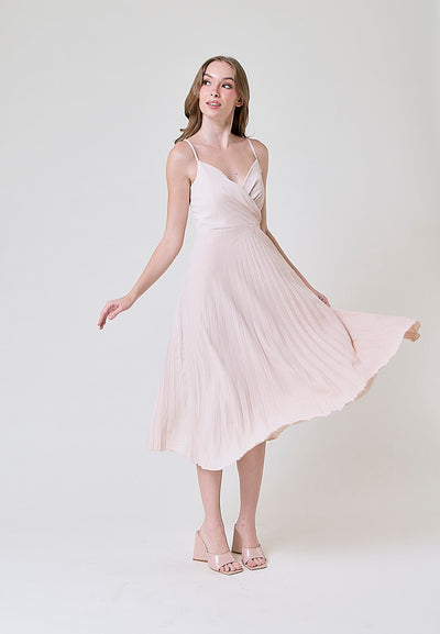 Piper Beige V Neckline Pleated Sleeveless Midi Dress