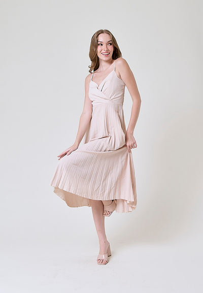 Piper Beige V Neckline Pleated Sleeveless Midi Dress