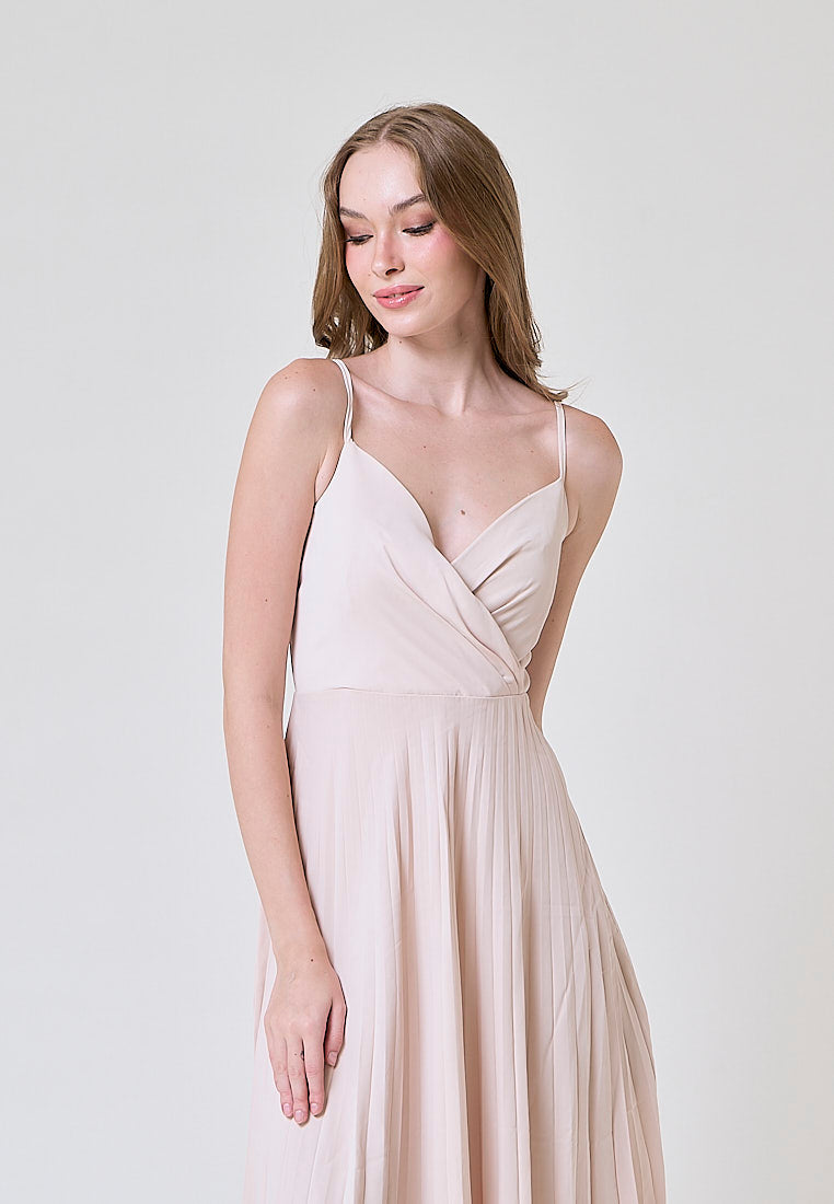 Piper Beige V Neckline Pleated Sleeveless Midi Dress