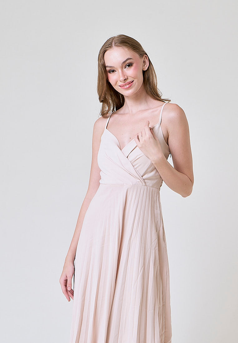 Piper Beige V Neckline Pleated Sleeveless Midi Dress