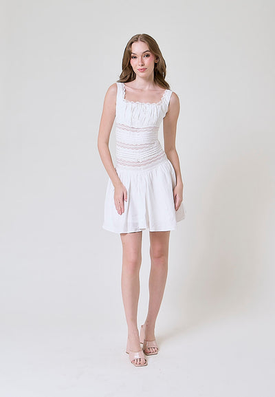 Kyomi White Lace Square Neckline Bow Bust Pleated Sleeveless Mini Dress