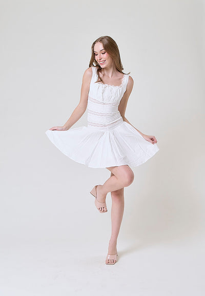 Kyomi White Lace Square Neckline Bow Bust Pleated Sleeveless Mini Dress