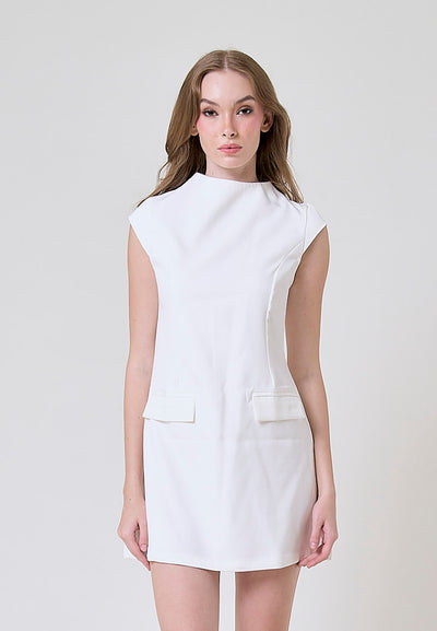 Storm White Crew Neck Cap Sleeves Zipper Back Mini Dress