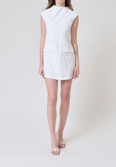 Storm White Crew Neck Cap Sleeves Zipper Back Mini Dress